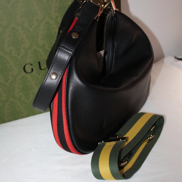 NWT Gucci GG Aria Calfskin Web 2 strap Attache Shoulder Bag Black 702823 - Picture 10 of 14